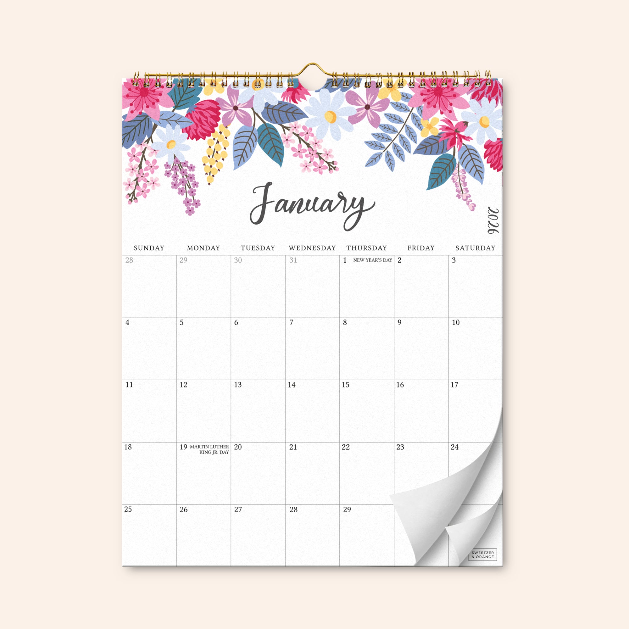 Vertical Floral Wall Calendar July 2025 - December 2026