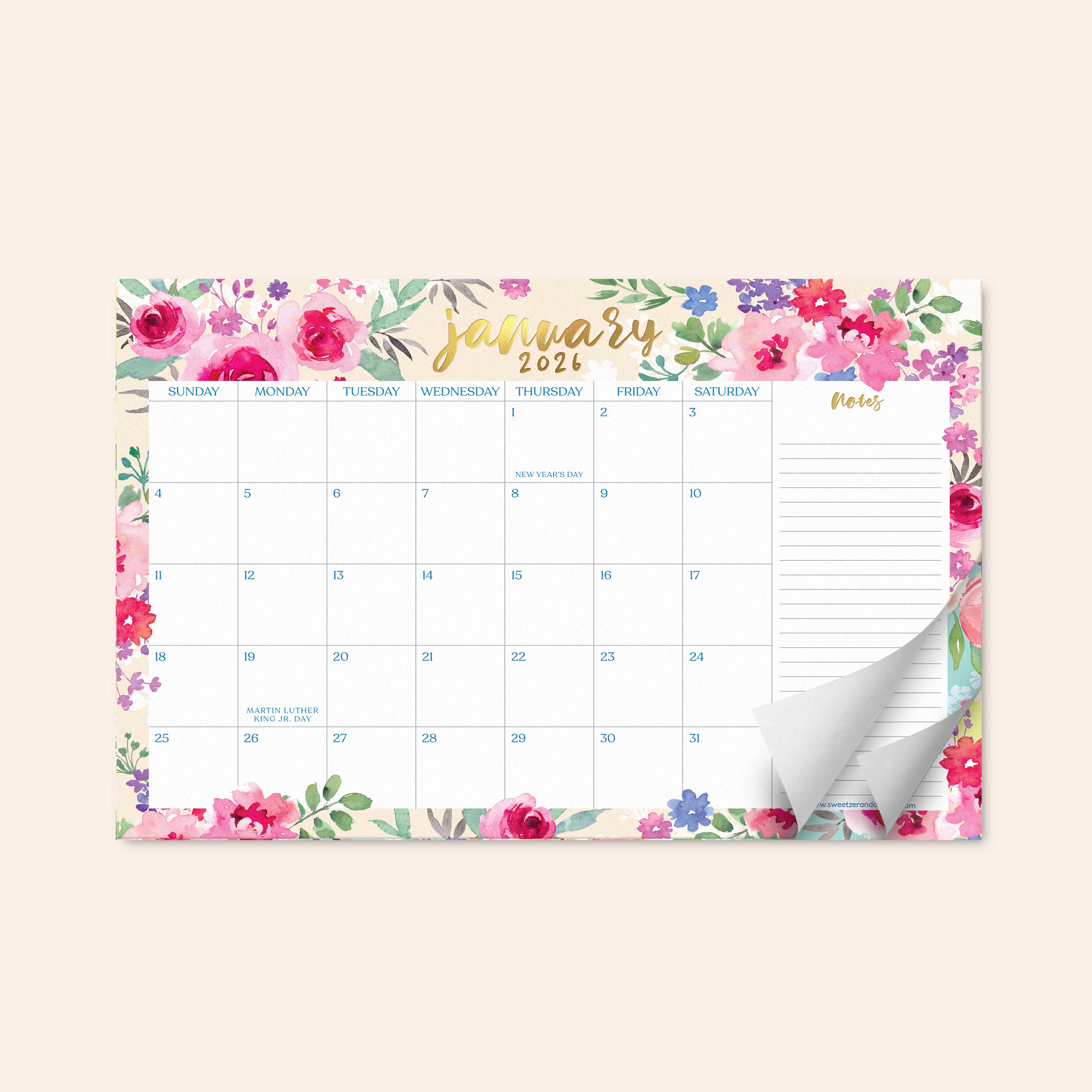 Watercolor Floral Desk Calendar July 2025 - December 2026