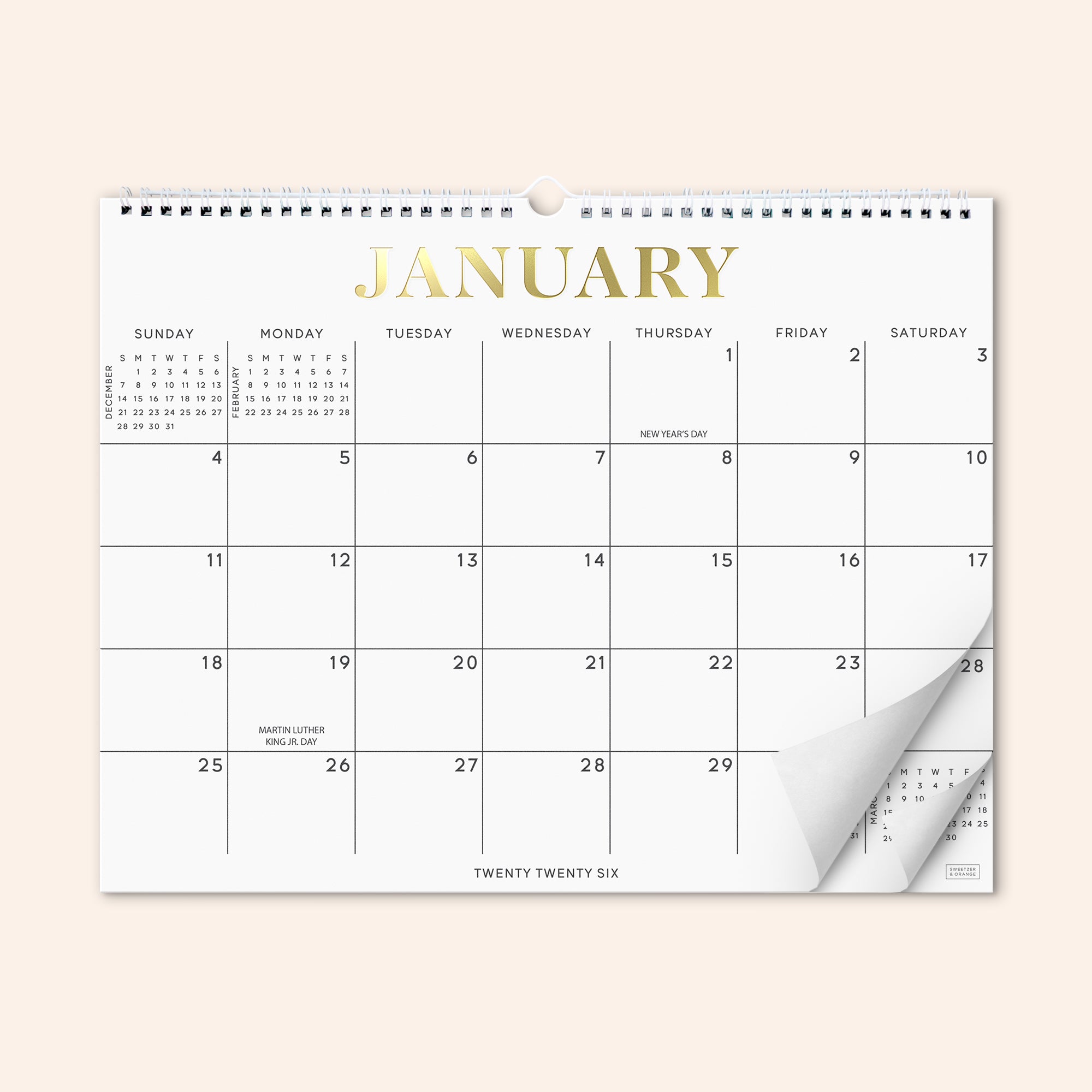 Gold Foil Wall Calendar January 2026 - June 2027